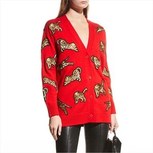 Alice + Olivia Red Bengal Cat Embroidered Grandpa Cardigan – Wool Blend, Size M